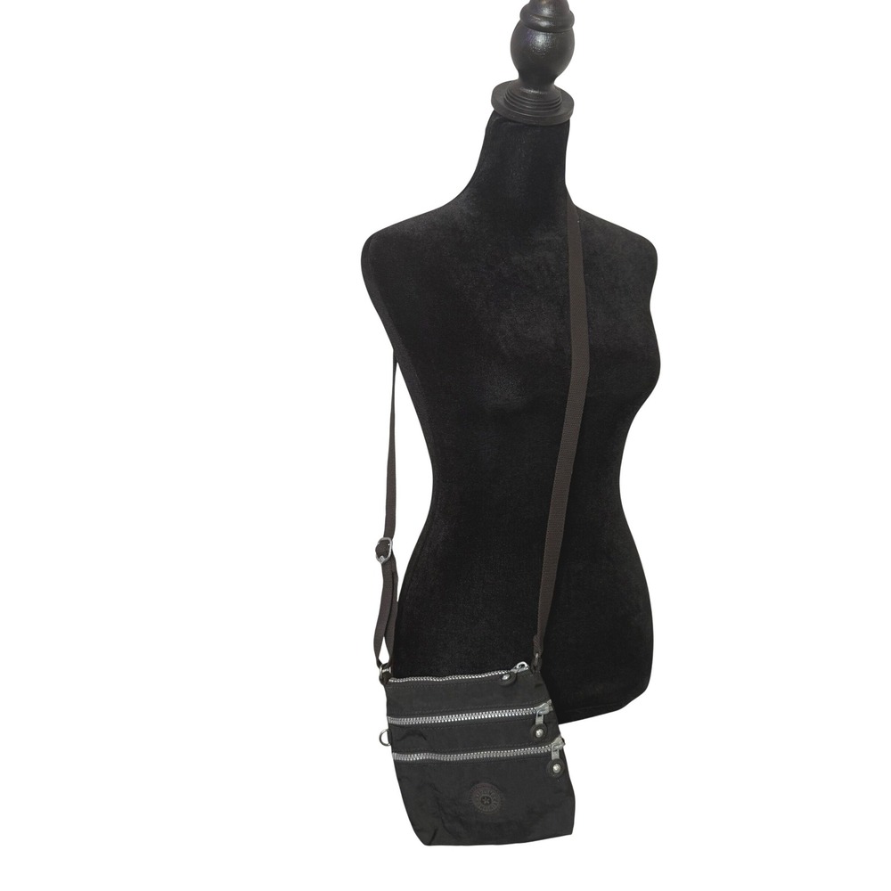 Kipling Crossbody Bag Small Black Nylon Multi Zip Adjustable Strap Crinkled